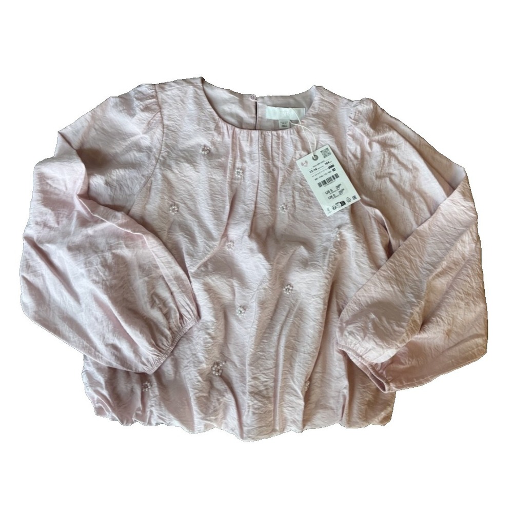 Zara Girls Light Pink Beaded Pearl Long Sleeve Blouse Sz 13-14 NWT Darling!‎